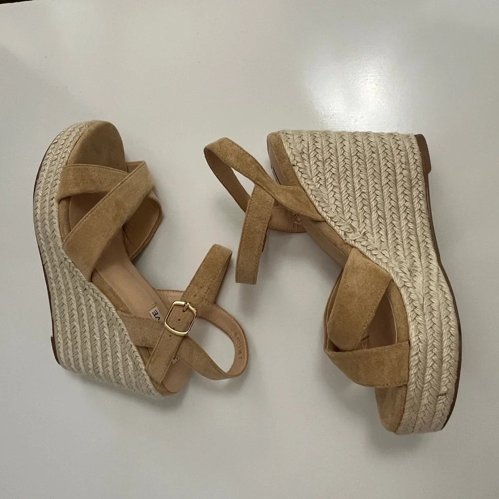 JOY IN LOVE Espadrille Wedge Sandals Women 7 Tan Solid Platform Summer Boho Heel